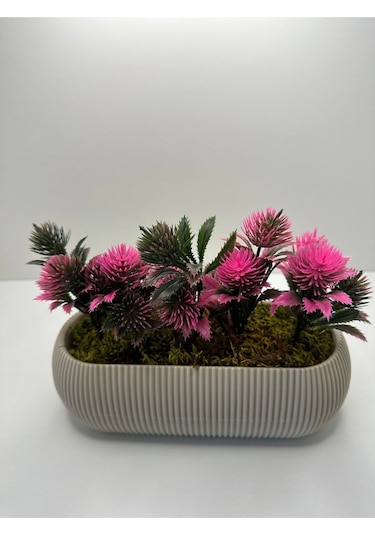 Uzun Bej Renk Saksıda Yapay Çiçek Pembe Iğneli Çam Demeti Dekoratif Mutfak Banyo Masa Çiçeği 21x9x7 - Pembe