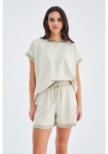 Peraluna Vera Blouse & Shorts Pamuklu Yazlık Kadın Triko Şort Tak Ekru