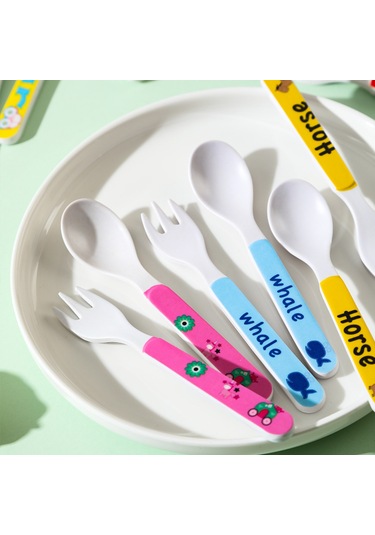 Maiyame Bebekler İçin Bambü Lifli Yeme Öğrenme Seti - Yumuşak Kasa Ve Çatal, Güvenli Ve Kullanıma Kolay, Sevimli Kartoon Desenli Çok Renkli