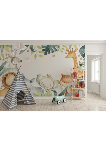 Sevimli Hayvanlar Tropikal Yapraklar Çocuk Odası Duvar Kağıdı
