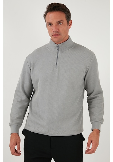 Buratti Pamuklu Regular Fit Yarım Fermuarlı Dik Yaka Erkek Sweat 5905716 Gri
