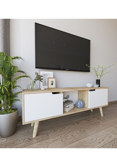 Siena Ahşap Ayaklı Tv Ünitesi Safir Meşe-beyaz Televizyon Konsolu 140 Cm Ekonomik Modül Sehpa