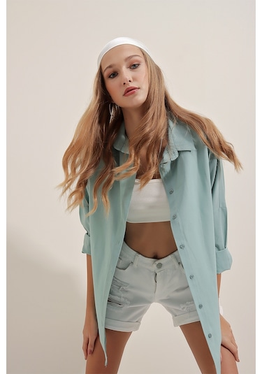 Bigdart 3900 Oversize Uzun Basic Gömlek - Su Yeşili 001