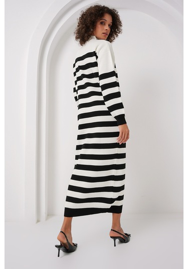 Bigdart 15898 Çizgili Uzun Triko Elbise - B.beyaz