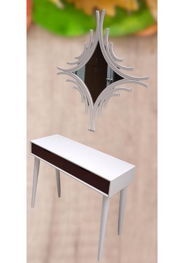 Dresuar Ahşap Kayın Retro Ayak Çift Çekmece CNC Ayna Beyaz Ceviz El Yapımı Beyaz - Ceviz