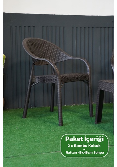 Bambu Rattan Görünümlü Sehpalı Set 2 Adet Koltuk + 45 Cm Sehpalı Sandalye Seti Kahverengi