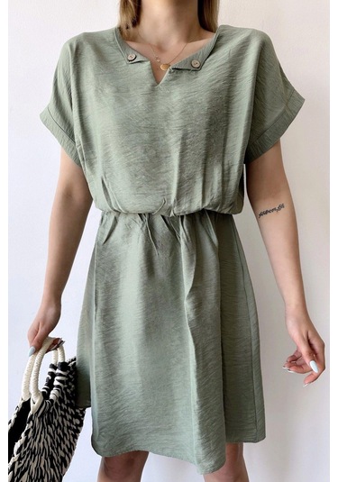 Kadın Haki Kısa Kol, Kalp Yaka, Dokulu Desen, Bele Oturan, Aerobin Lastikli Bel Midi Elbise Haki