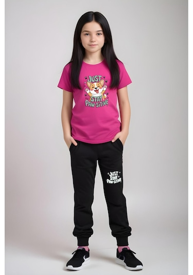 Just Stay Paw Baskılı Kız Çocuk Tişört Ve Eşofman Alt-üst Takım Fuşya