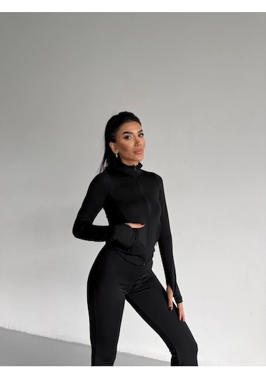 S-pazarım Kadın Balıkçı Yaka Cep Detaylı Ceket Ve Ispanyol Paça Spor Ikili Takım Siyah
