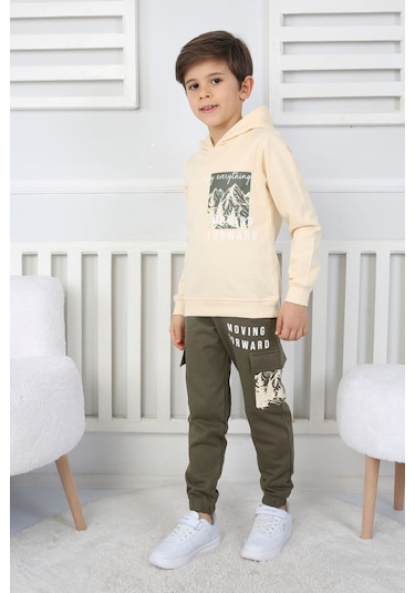 Moving Forward Kargo Cep Kapüşonlu 2 İplik Şardonlu Alt-üst Erkek Çocuk Eşofman Takımı Ekru