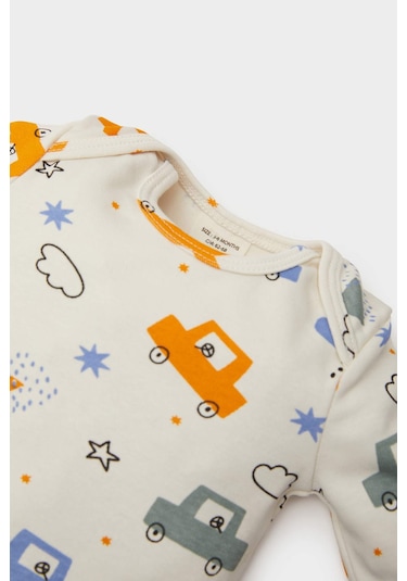 DeFacto Erkek Bebek Yenidoğan Bisiklet Yaka Baskılı Uzun Kollu Çıtçıtlı Body E6304A525SPER233 Ekru