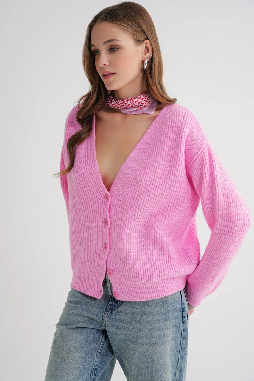 Mixray 6943 Kadın V Yaka Selanik Hırka Pembe