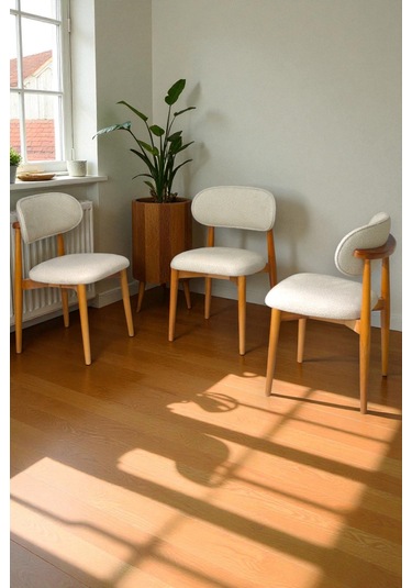 Bohem Polo İskandinav Sandalye 6 Adet Puffy & Baby Face Kumaş, %100 Ahşap, Modern Sandalye Cappuccino