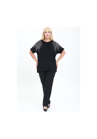 Bambu Bluz Yarasa Kol Taş Detaylı M-6xl Siyah