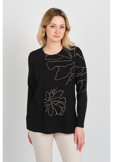 Detay Triko Kadın Boncuk İşlemeli Desenli Uzun Kol Anne Bluz 5737 Siyah Siyah