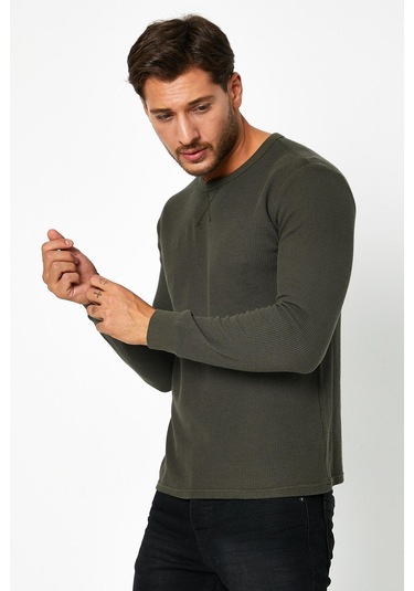 Erkrk Waffle Özel Dokulu Kumaş Standart Fit Uzun Kollu Basic T-shirt Haki