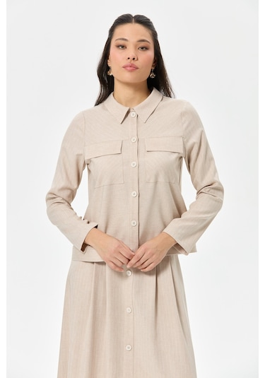 Çizgili Ve Düz Poliviskon Kumaş Etekli Takım Vizon Vizon