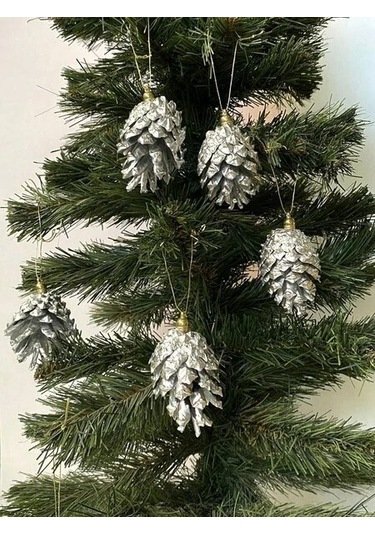 Yılbaşı Ağaç Süsü Kozalak Gümüş Rengi 5 Cm 6 Adet Kozalak