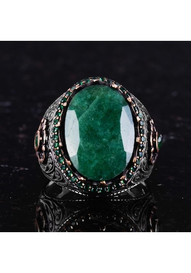 Gerçek Doğal Taş Yüzük - 925 Ayar Gümüş El Yapımı Yüzük Zümrüt Gümüş