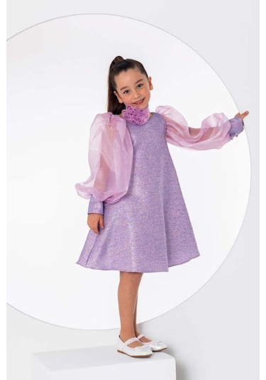 Riccotarz Kız Çocuk Çiçekli Boyunluk Hediyeli Şeffaf Karpuz Kollu Üzeri Simli Lila Elbise Lila