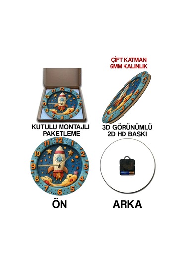 Roket Ve Uzay Temalı Çocuk Mdf Duvar Saati 3d Görünümlü, 2d Hd Baskı, Sessiz Mekanizma Sdw236 Renkli