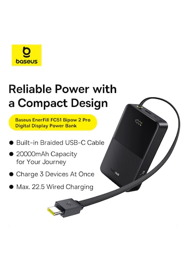 Baseus Enerfill Bipow2 Pro 20000mah Dahili Usb-c Kablolu, 22,5 W Hızlı Şarjlı, Led Ekranlı Powerbank, Siyah Siyah