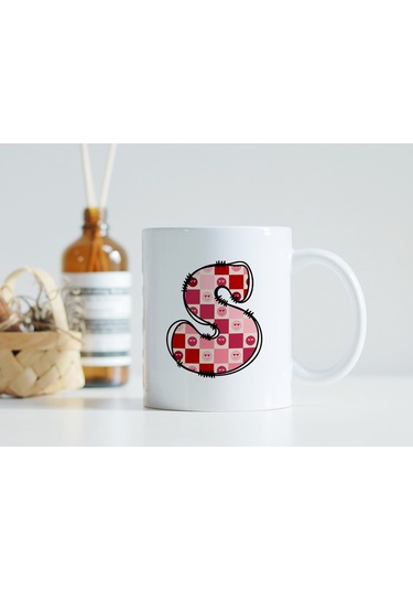 S Harfi Pembe Kareli Kalpli Göz Emojili Kupa Bardak Eğlenceli Kareli Tasarım Kahve Çay Kupası 07 Beyaz