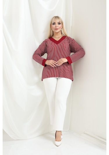 Bambu Viskon V Yaka Uzun Kollu Bluz Rahat Kalıp, Büyük Beden Xl 6xl Bordo