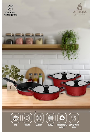 Vento 7 Parça Döküm Titanyum Kaplama Tencere Tava Seti Kırmızı Kırmızı
