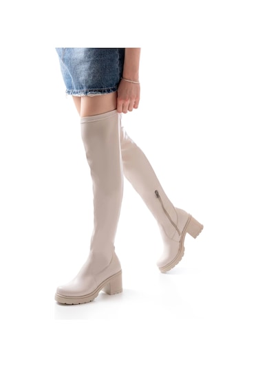 Bej Streç Günlük Kalın Topuklu Kadın Çizme Bej