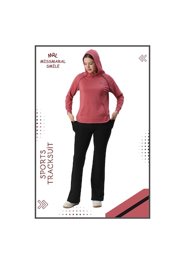 Kadın Spor Eşofman Takım İspanyol Paça Çift Cepli Alt &kapüşonlu Kanguru Cepli Üst Gül Kurusu 3053 Gül Kurusu