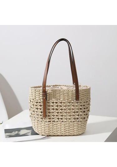 Ganzhoushop Yaz Üst Tote Saplı Plaj Omuz Kova Khaki Kapasiteli Kadınlar İçin Hasır Dokuma Çantası Çantası Çanta Büyük Alışveriş My Haki