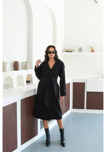 Neşeli Butik Kadın Omuz Detaylı Siyah Kaşe Kaban Nbmylk34 Siyah