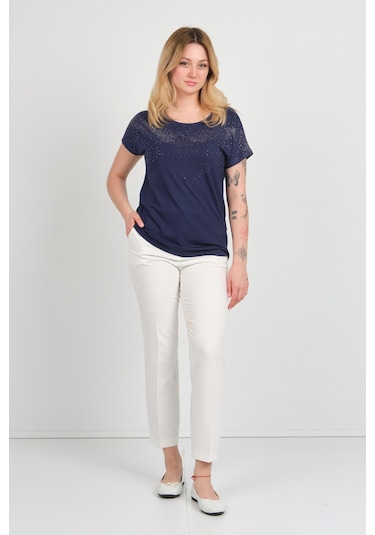 Ella Camelia Kadın Düşük Kollu Taş Süsleme Detaylı Bisiklet Yaka Bluz 24e116 Lacivert Lacivert