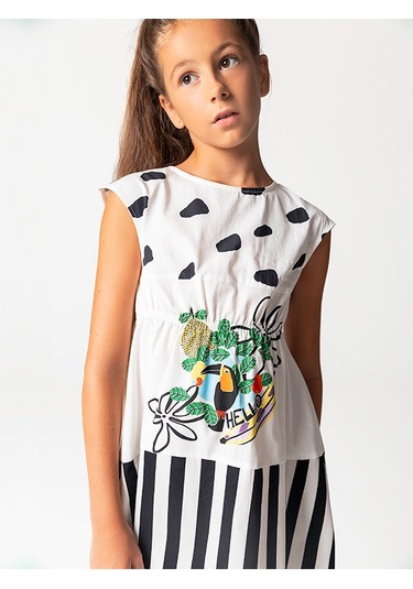 Sheshe Papağan Desenli Pamuklu Kız Çocuk Elbise Renkli