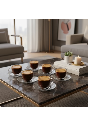 Lüks Desenli Cam Espresso / Türk Kahvesi Fincanı Seti 6 Lı Beyaz