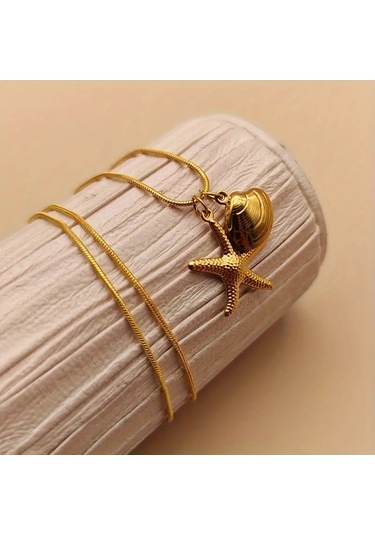 Mumicemum Deniz Yıldızı Ve İstiridye Detaylı Çelik Kolye 18k Altın Kaplama Altın