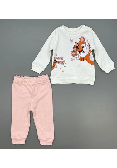 Kız Bebek Kedi Baskılı Çıt Çıtlı Alt Üst İkili Gündelik Takım Pudra