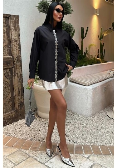 Önü Şerit Taşlı Gömlek 3448 Si Yah