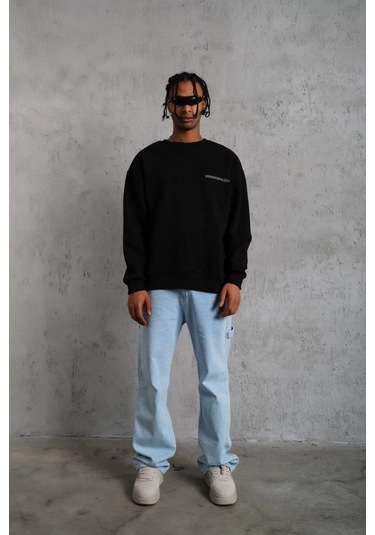 Oversize Sweatshirt Siyah Renk Ön Ve Sırt Baskılı, Üç İplik İçi Pamuklu Kumaş, Rahat Kalıp, Ribanalı Kışlık Sweat Winagain Polizei Serisi - Siyah Siyah