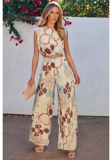 Büyük Pastel Çiçekli Vatkalı 80ler Lastikli Pantolon Crop Keten Yazlık İkili Takım Krem