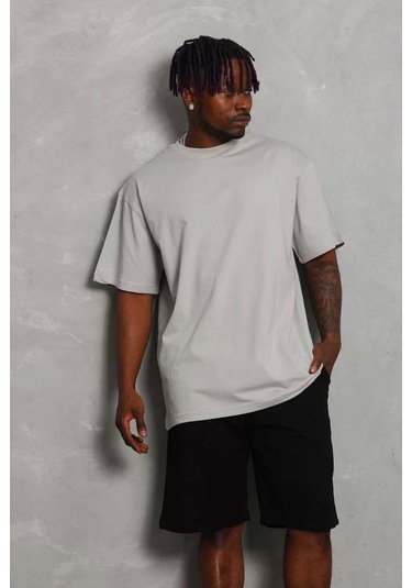 Unisex Oversize Düz Bisiklet Yaka T-shirt - Gri Gri