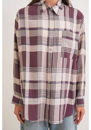 4752 Kadın Oversize Ekose Gömlek Bordo Bordo