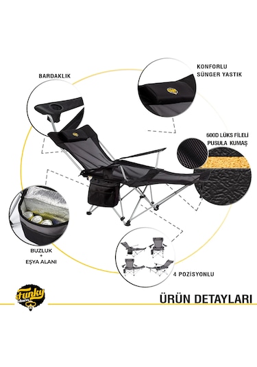 Funky Chaırs Legend Şemsiyeli Yatabilen Kamp Sandalyesi - Siyah