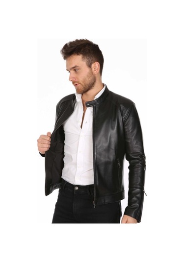 Hakiki Kuzu Derisi Fermuarlı Sportif Erkek Deri Ceket Siyah Siyah