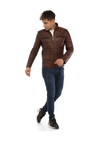 Hakiki Kuzu Derisi İşlemeli Fermuarlı Erkek Deri Ceket Kahverengi Kahverengi