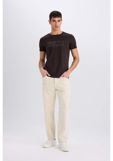 Defacto %100 Pamuk Slim Fit Dar Kesim Bisiklet Yaka Baskılı Kısa Kollu Tişört E0577ax25smbn337 Kahve