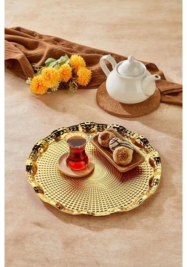 Cooker Yuvarlak Gold Metal Tepsi 35 Cm