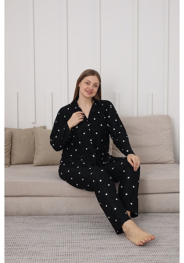 Gömlek Yaka Büyük Beden Kadın Süet Dokulu Kadın Alt Üst Pijama Takımı Yıldız Siyah