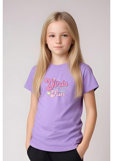 Fyk Kids Kız Çocuk Yuvarlak Yaka Baskılı Girls Fun Alt-üst Pijama Takımı Lila